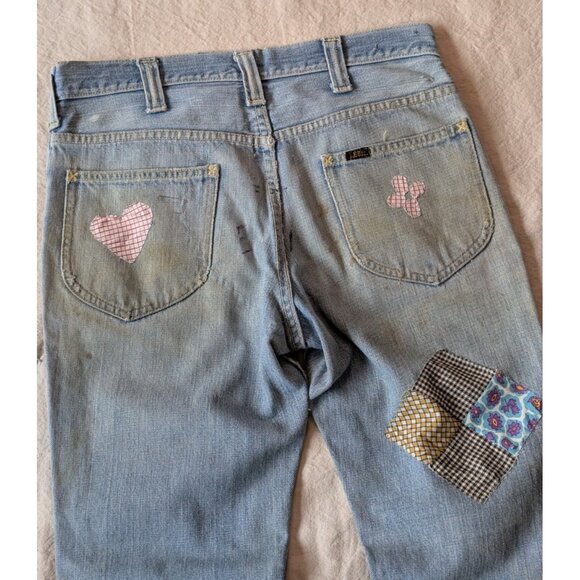 Vintage Lee Denim Flares 60s Patches Faded Worn Women's 30x30 Americana - Picture 4 of 9